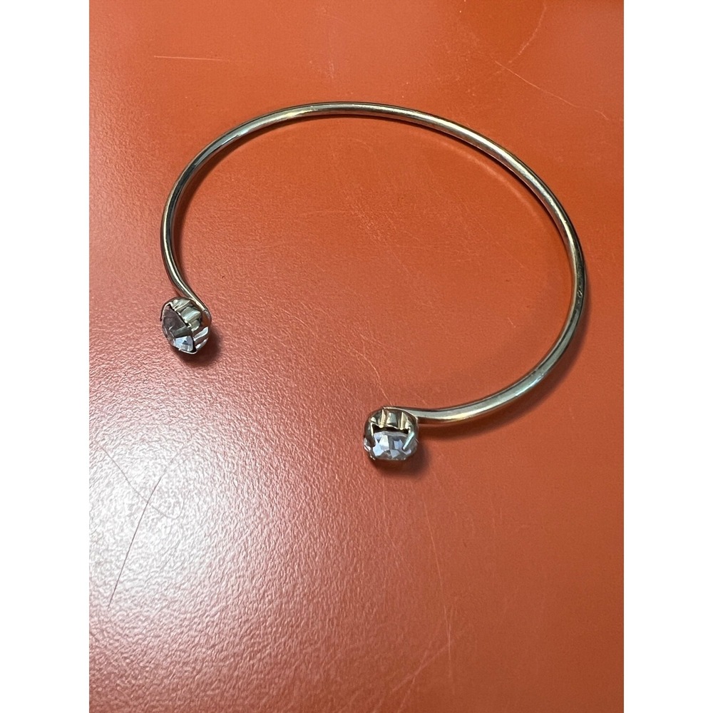 Open bangle cuff silver tone bracelet with‎ rhinestones, vintage